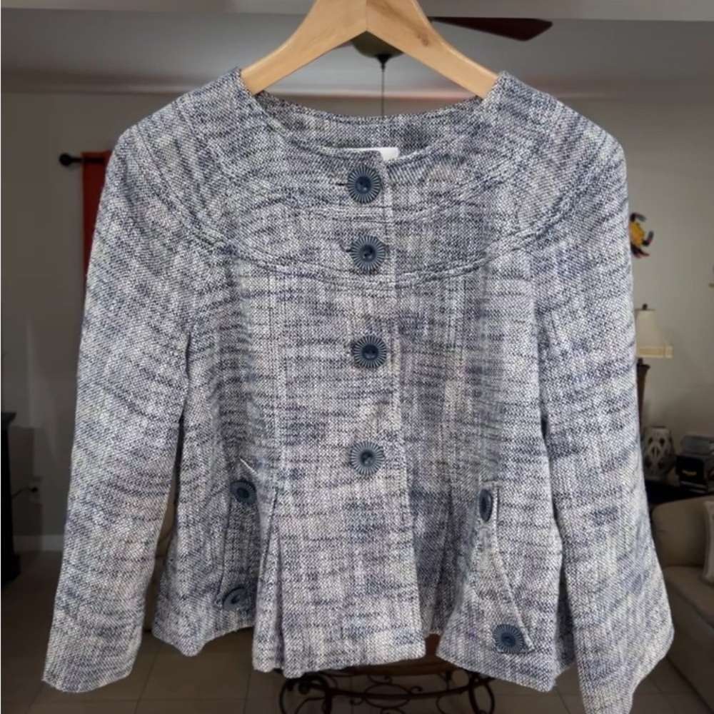 TIBI Women’s Vintage Retro Cropped Pleated Four Button Front Blazer Size 8 Tweed